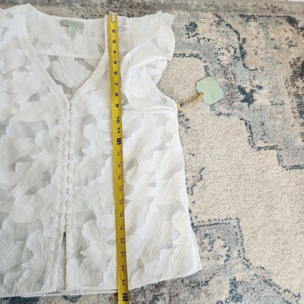 Rye Grass Womens Small White Textured Blouse w/ Ruffle Hem Sleeves Sheer Fabric - Picture 6 of 8